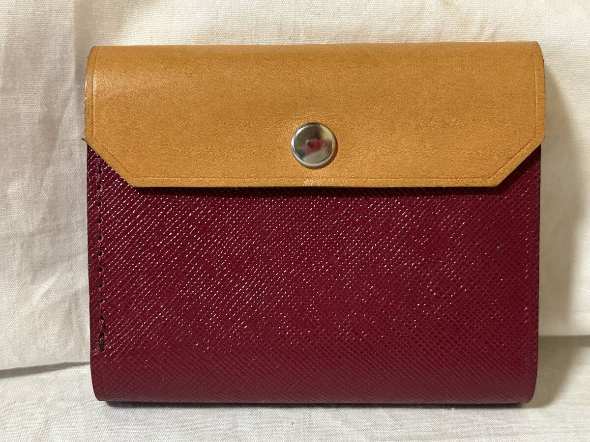 【未使用】本革 二つ折り財布 ワインレッド x ブラウン拍卖