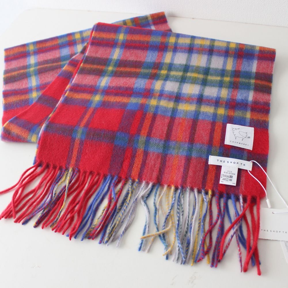 新品タケオキクチ THE SHOP TK カシミヤ混 チェック柄 マフラー 男女兼用 メンズ レディース 赤系拍卖