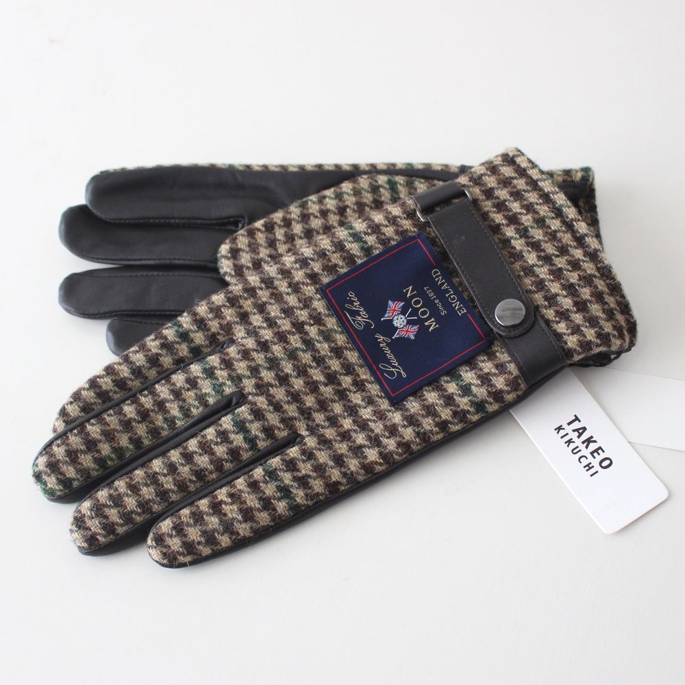 新品 TAKEO KIKUCHI タケオキクチ 英国 MOON ツイード レザー グローブ レザー手袋 25cm拍卖