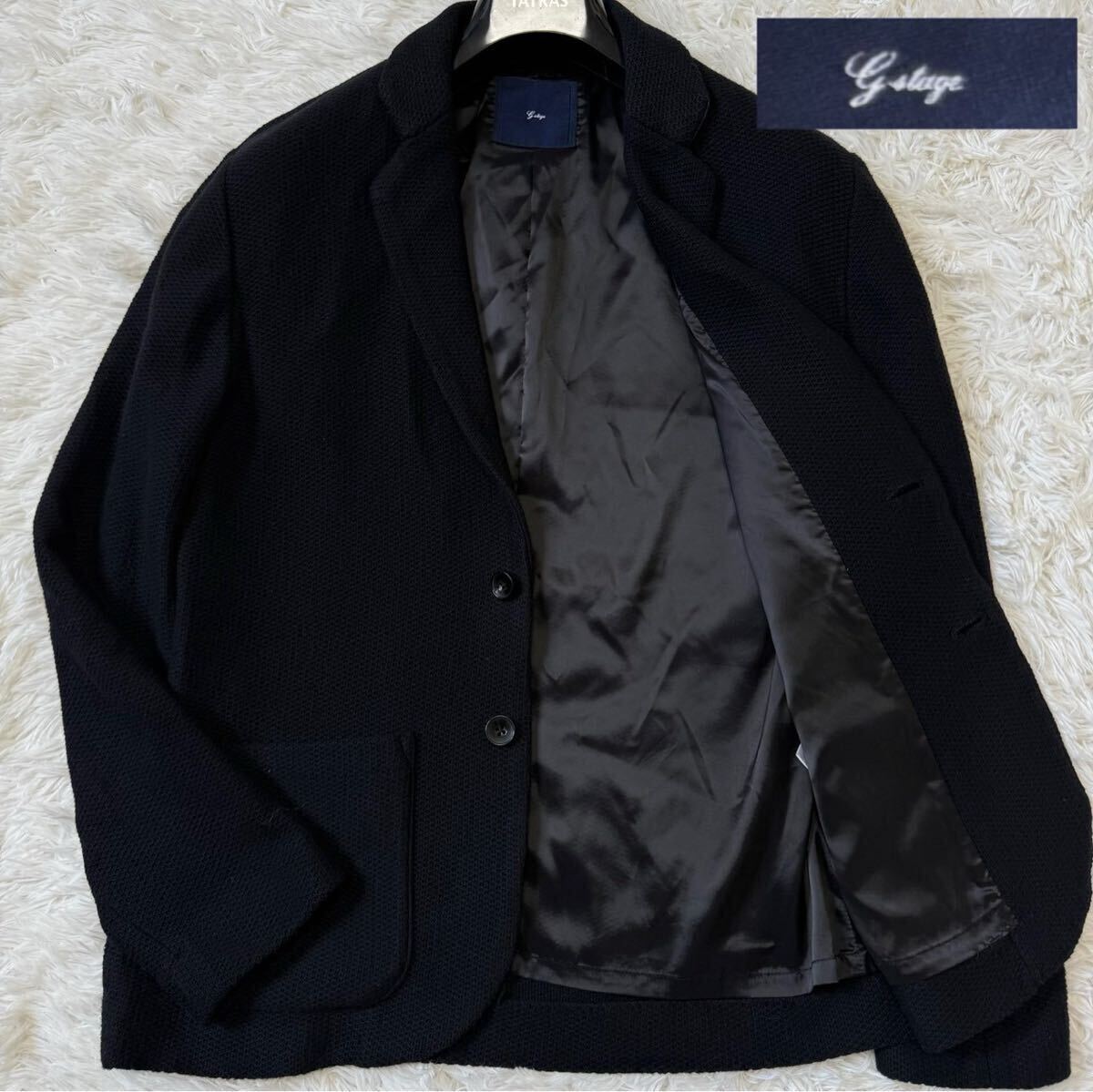 極美品/2XL相当/近年モデル ジーステージ g-stage ニットテーラードジャケット アンコン ストレッチ 伸縮性 編み込み 凹凸 ブラック 黒 50拍卖
