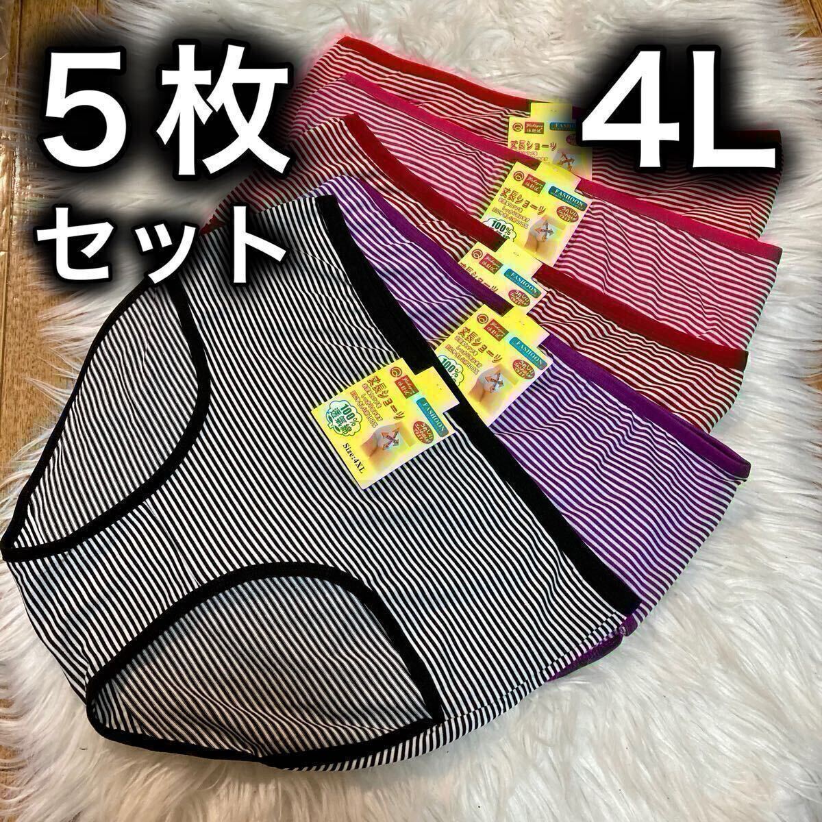 ショーツ 5枚セット 4L ボーダー コットン 100% ブラック 黒 レッド 赤 パープル 紫 ピンク ワインレッド 綿 XXXL レディース パンツ拍卖