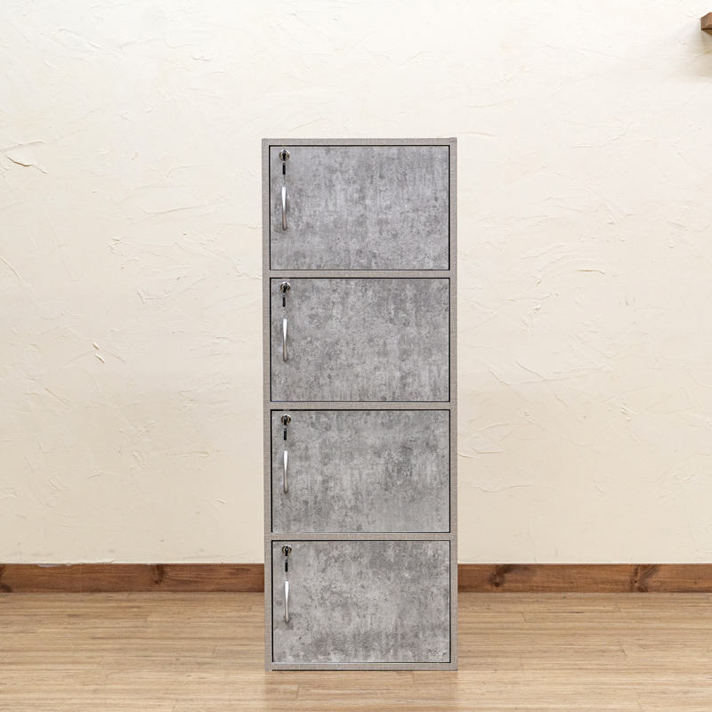 鍵付き収納 扉付き カラーボックス 4段 ラック 棚 木製 ロッカー オフィス 貴重品保管 ウォールナット FB-04K コンクリートグレー(CGR)拍卖