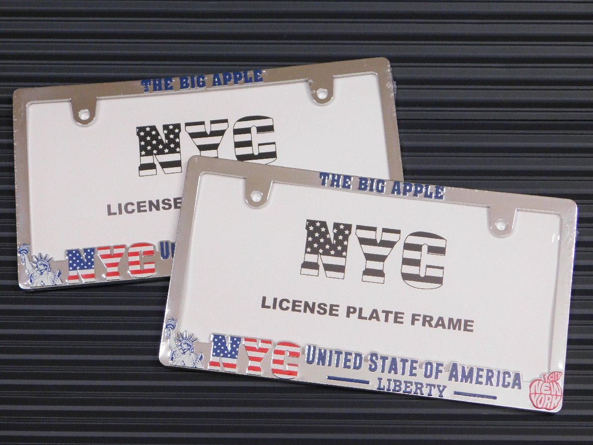 ◆送料無料◆【NYC・アメリカ】※《ライセンスプレートフレーム / クローム2枚セット》 新基準対応ナンバーフレーム ニューヨーク拍卖