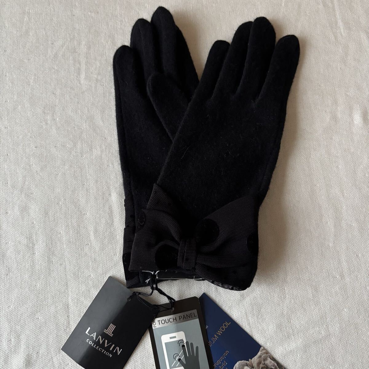 スマートフォン対応 手袋 カシミヤ混ランバンコレクション リボン 黒 ブラック拍卖