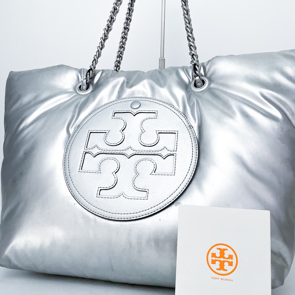 1円■超美品■希少色■Tory Burch トリーバーチ パッファー ロゴドン トートバッグ ビジネス 大容量 A4 メンズ レディース レザー シルバー拍卖