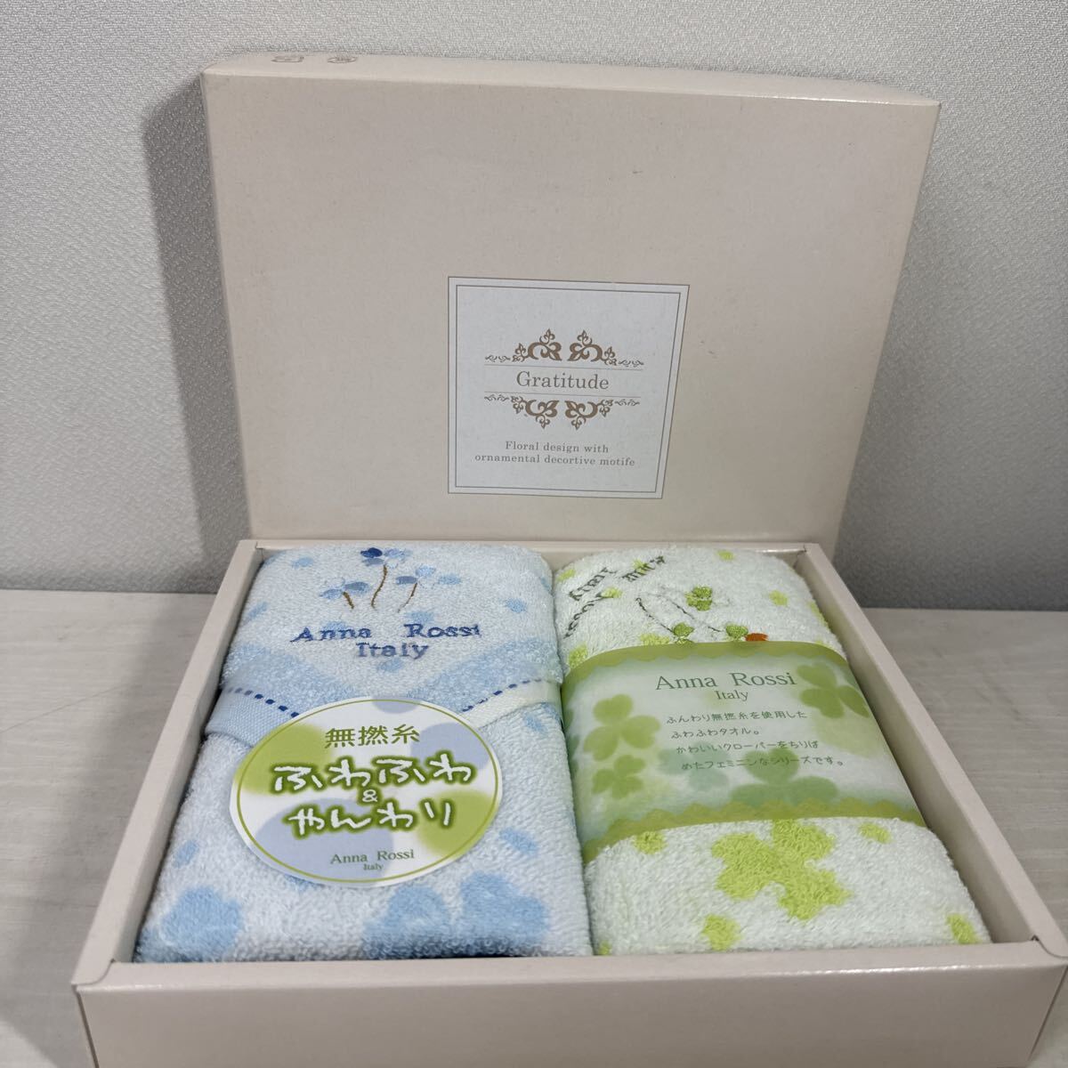 ● Anna Rossi Italy クロス フェイスタオル ×1 ハンドタオル ×1 タオルセット 綿100 花柄 無撚糸 未使用品 ●拍卖