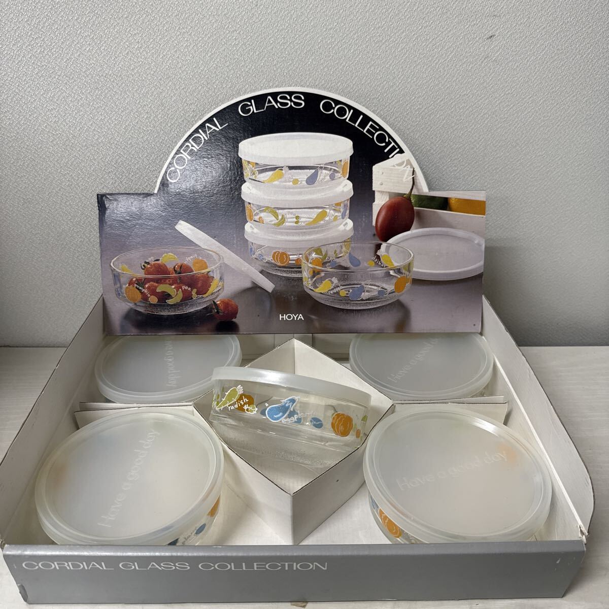 ● HOYA CORDIAL GLASS COLLECTION 料理小鉢 5客セット 昭和レトロ 保存容器 ガラス 蓋付き 未使用品 ●拍卖