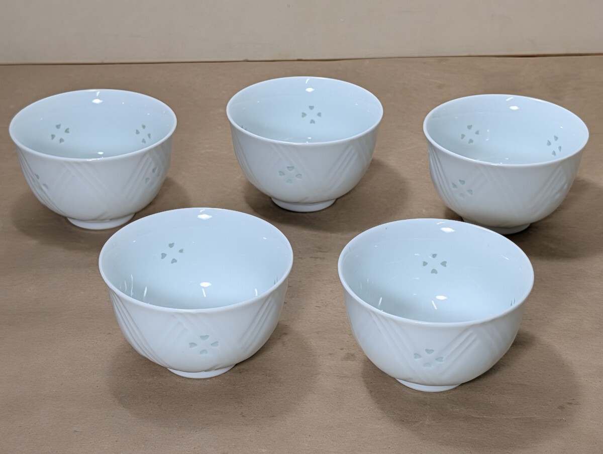 友右衛門窯 蛍焼き 湯呑 5客 未使用 〔まとめて取引がお得⇒追加送料無し〕/湯飲み/透かし彫/茶器/有田焼/和食器/陶磁器/拍卖