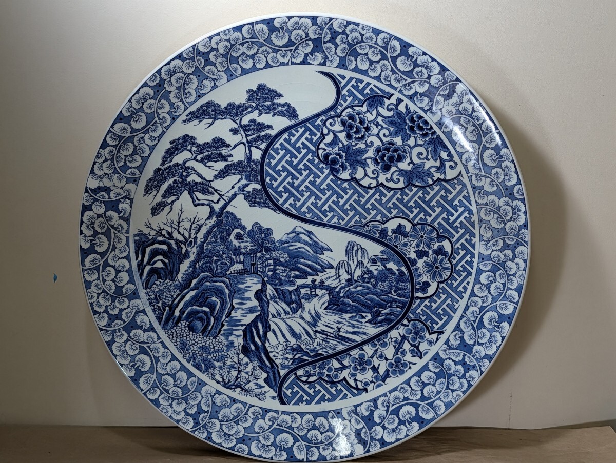 染付山水花図 42cm大皿 未使用 〔まとめて取引がお得⇒追加送料無し〕/ふぐ刺身皿/てっさ皿/盛皿/飾皿/和食器/陶磁器/拍卖