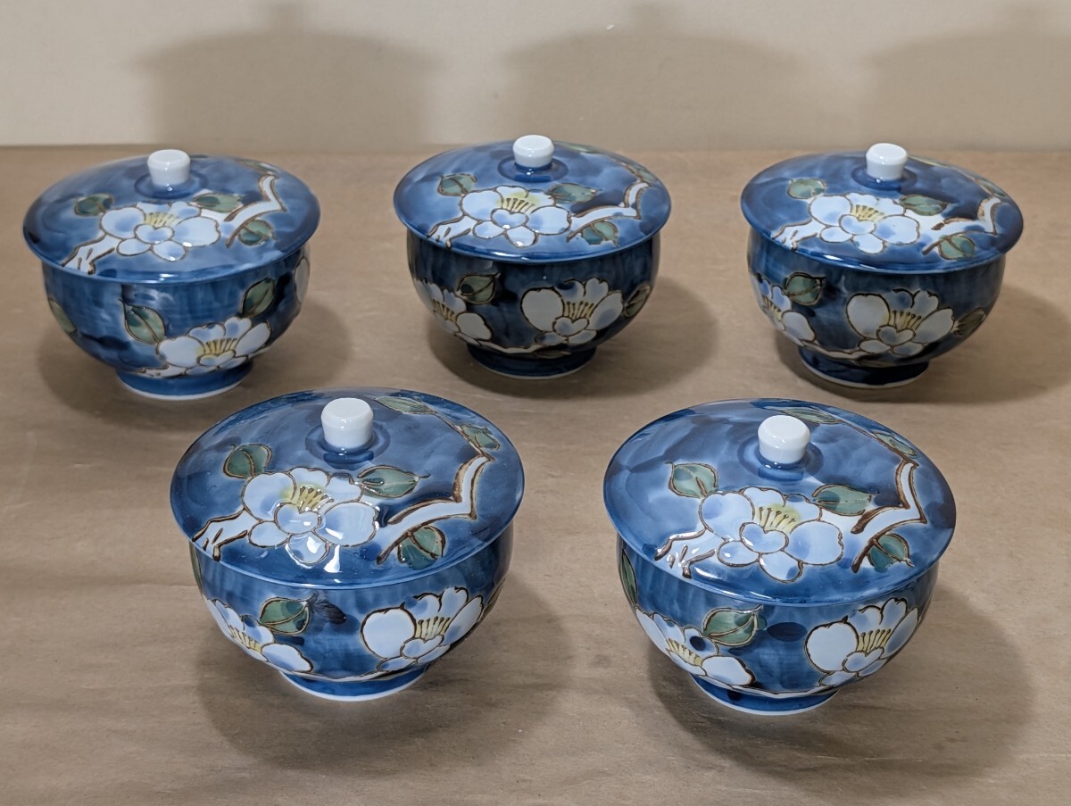 濃白椿 蓋付湯呑 5客 未使用 〔まとめて取引がお得⇒追加送料無し〕/茶器/汲出碗/和食器/陶磁器/拍卖