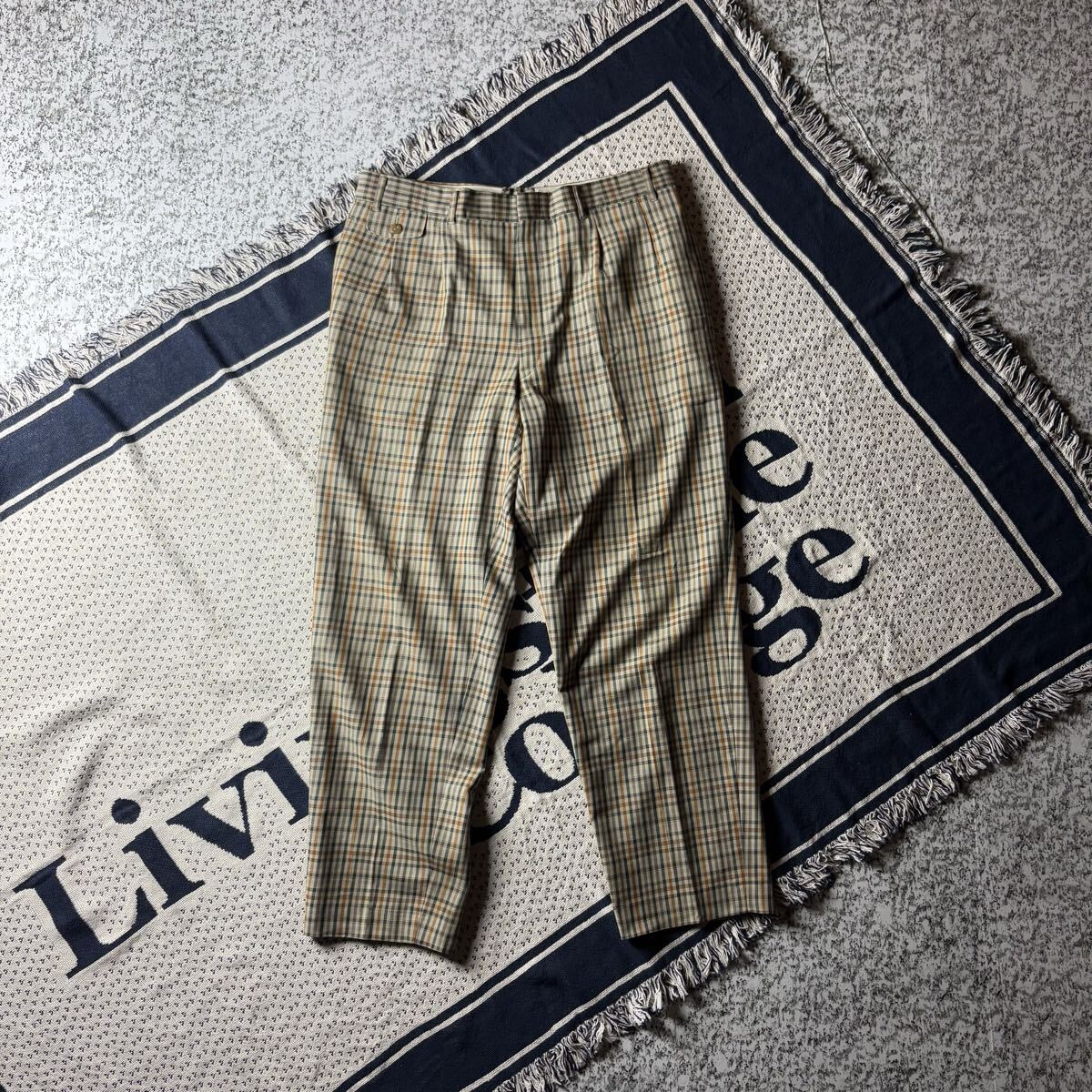 【90sオールド】タータンチェック ウールブレンド スラックス W90 薄手 ベージュ ダーバン センタープレス ビッグサイズ拍卖