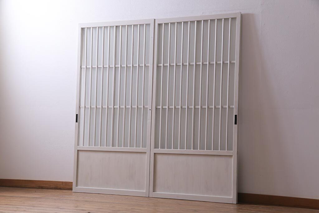 R-037671 アンティーク家具 昭和初期 すりガラス ナチュラルインテリアにぴったりなペイントガラス戸2枚セット(引き戸、建具)拍卖