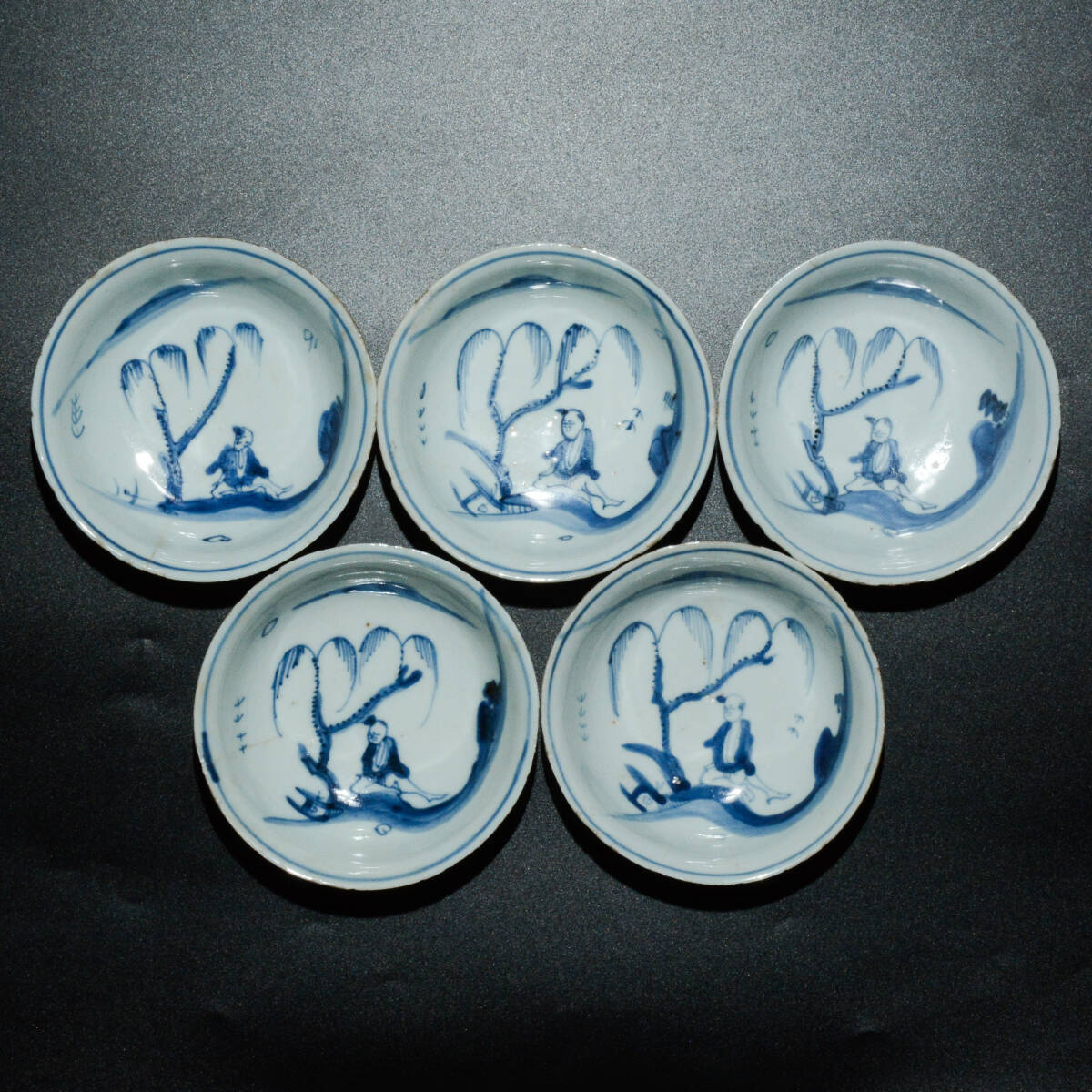 YH868 唐物 明時代 古染付 人物 菓子皿 お椀 5客 陶磁器 中国 骨董 古董 古美術拍卖