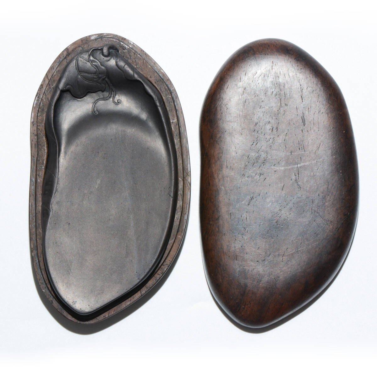 YH869 唐物 清時代 茄子形 端渓硯 老端硯 中国硯 唐木蓋付 文房具 中国 骨董 古董 古美術拍卖