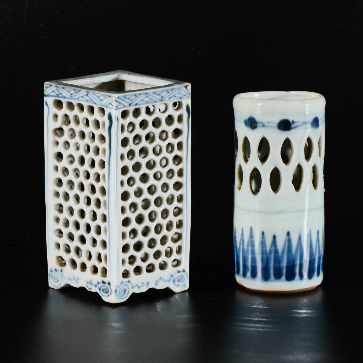 YH871 唐物 明時代 古染付 筆筒 2点セット 陶磁器 中国 骨董 古董 古美術拍卖