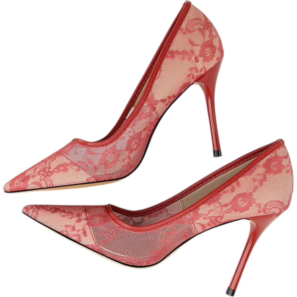 ☆ レッド ☆ 37(23.5cm) ☆ レース メッシュ パンプス レースパンプス パンプス ハイヒール メッシュパンプス パーティーパンプス拍卖
