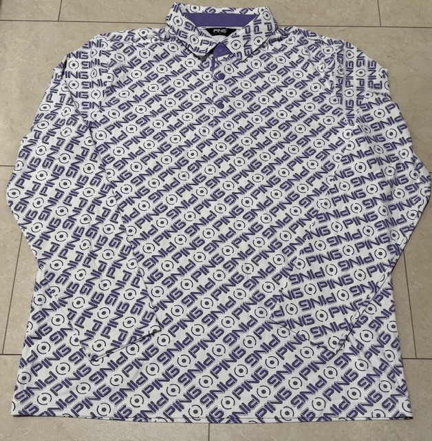 ・未使用 正規品・ ピン ゴルフ PING GOLF ロゴ総柄 裏起毛 秋冬用 ストレッチボタンダウン長袖Tシャツ XLサイズ 拍卖