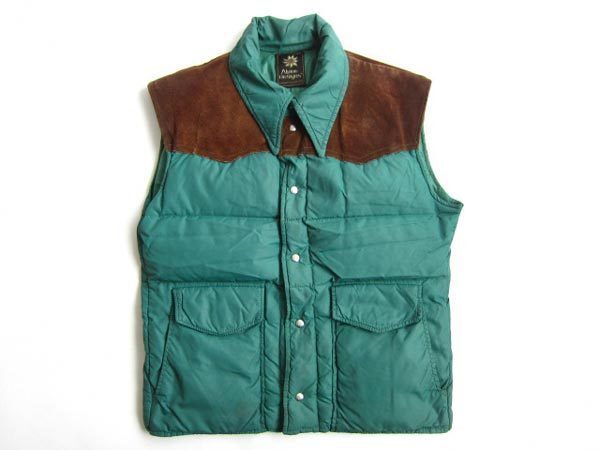 希少 70s アルパインデザイン ダウンベスト スエード レザー×ナイロン切替 緑系 M程度 ビンテージ D79-05-0001XV拍卖
