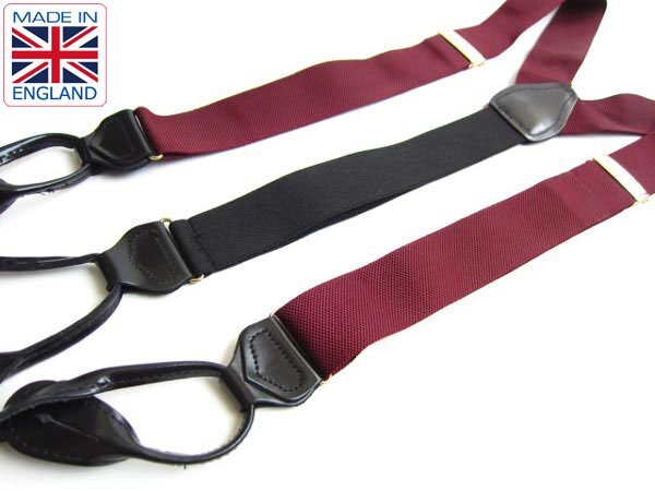 英国製/無地×レザー/ボタンタブ式/Y型 サスペンダー/ワイン系/メンズ/Yバック/長いサイズ/役者/ドラマ/映画/撮影/刑事/衣装/ステージ/D69拍卖