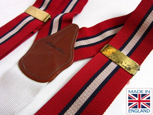 高級品/英国製/ブルックスブラザーズ/ボタンタブ式/Y型 サスペンダー/赤系/ストライプ/Yバック/ブレイシーズ/参考価格1.4万円/D135拍卖