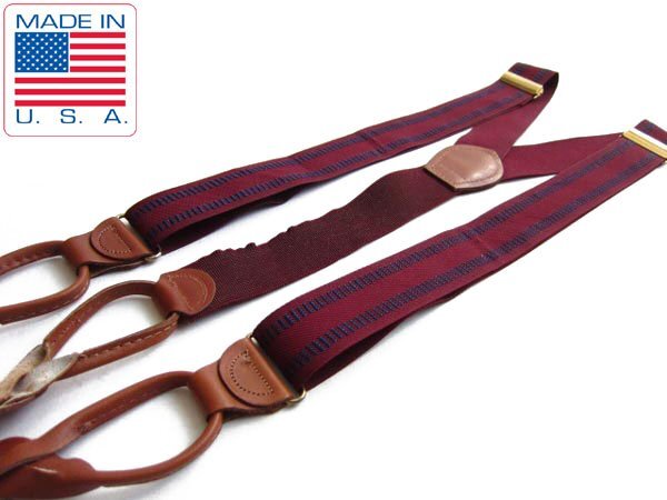 USA製/PELICAN USA×COLOURS/織柄×レザー/ボタンタブ式/Y型 サスペンダー/エンジ系ベース/メンズ/Yバック/長いサイズ/D74拍卖