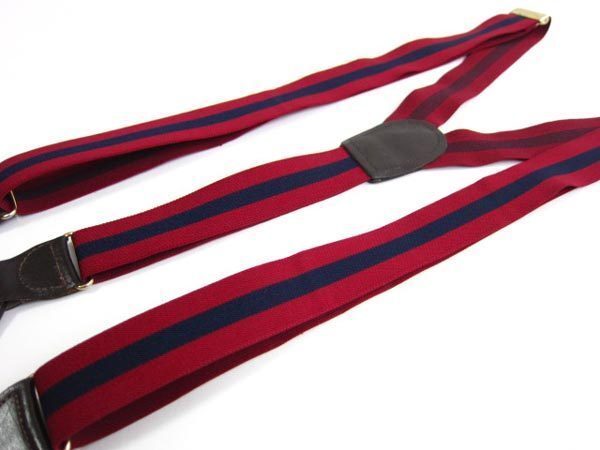 ストライプ伸縮素材×レザー/ボタンタブ式/Y型 サスペンダー/エンジ系×紺系/メンズ/Yバック/長いサイズ/ブレイシーズ/ビジネスD76-51-0041拍卖