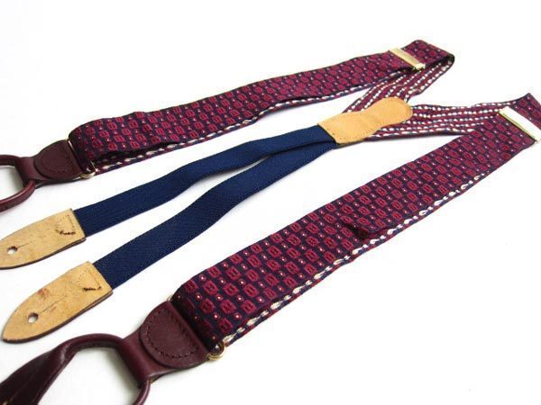 総柄×レザー/ボタンタブ式/X型 サスペンダー/紺系ベース/メンズ/Xバック/ブレイシーズ/ビジネス/バンカー/投資家/D73-51-0055拍卖