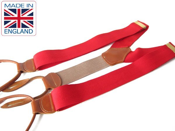 美品/英国製/ドゥーニー&バーク/織柄×レザー/ボタンタブ式/Y型 サスペンダー/赤系/メンズ/Yバック/ブレイシーズ/ビジネス/小道具/D94拍卖