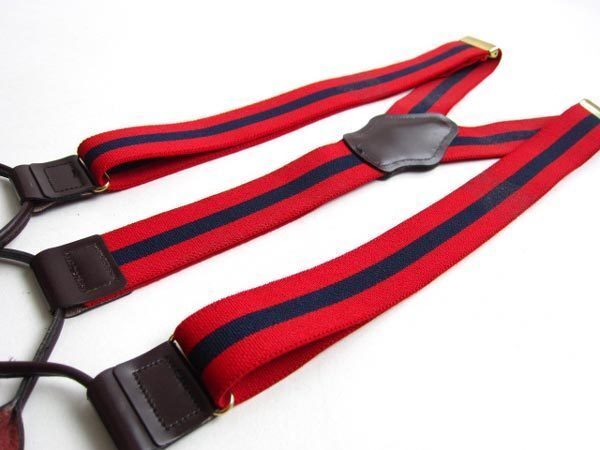 ストライプ伸縮素材×レザー/ボタンタブ式/Y型 サスペンダー/赤系×紺系/メンズ/Yバック/ブレイシーズ/ビジネス/バンカー/投資家/D73拍卖