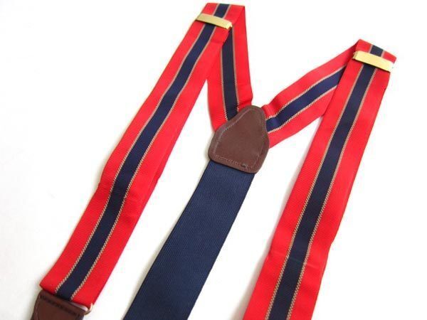 ストライプ×レザー/ボタンタブ式/Y型 サスペンダー/赤系×紺系/メンズ/Yバック/ブレイシーズ/ビジネス/バンカー/投資家/スーツ/D74拍卖