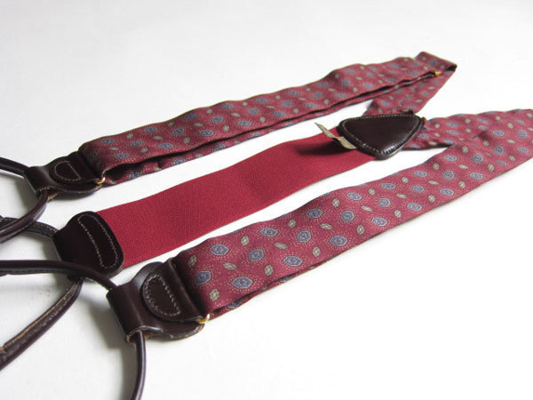 高級品/参考価格1.4万円/トラファルガー/総柄×レザー/ボタンタブ式/Y型 サスペンダー/ワイン系/メンズ/Yバック/ビジネス/ブレイシーズ/D85拍卖