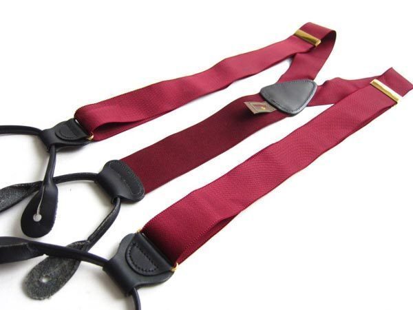 高級品/参考価格1.2万円/トラファルガー/無地×レザー/ボタンタブ式/Y型 サスペンダー/ワイン系/メンズ/Yバック/ビジネス/ブレイシーズ/D73拍卖