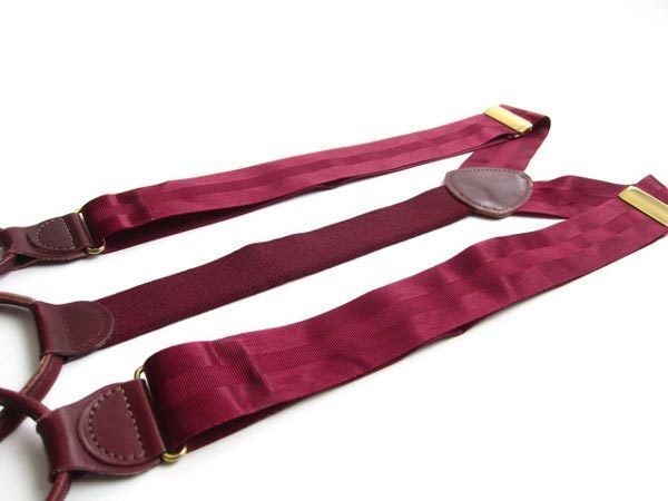 ストライプ織柄×レザー/ボタンタブ式/Y型サスペンダー/メンズ/ワイン系/Yバック/ブレイシーズ/ビジネス/バンカー/D80-51-0019拍卖