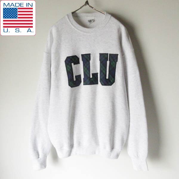 90s USA製 CLUワッペン付き スウェット 杢グレー系 L アメリカ製 クルーネック トレーナー ビンテージ ブラックウォッチ D151-13-0010ZVW拍卖