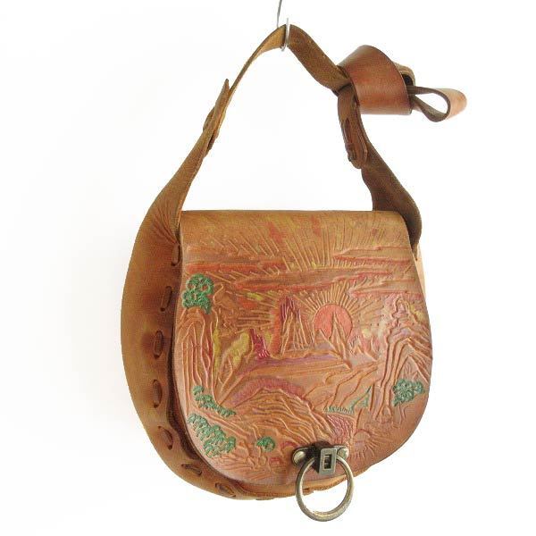 70's/風景彫ペイント入り/レザー/ヒッピーバッグ/茶系/レザーバッグ/ショルダーバッグ/ビンテージ/D45-61-0095ZVW拍卖