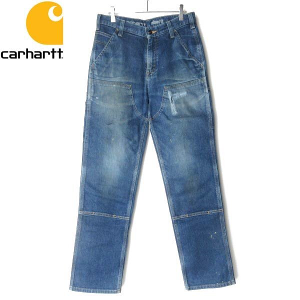 雰囲気系 carhartt ダブルフロント リラックスフィット フェード デニム パンツ 30×32 カーハート ダブルニー ストレッチ D152-21-0010ZV拍卖