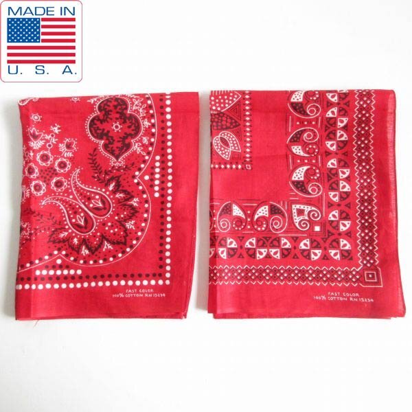 60s 新品 USA製 RN15234 ビンテージ バンダナ 2枚セット 赤系 100%コットン FAST COLOR アメリカ製 デッドストック D148-43-0001ZV拍卖