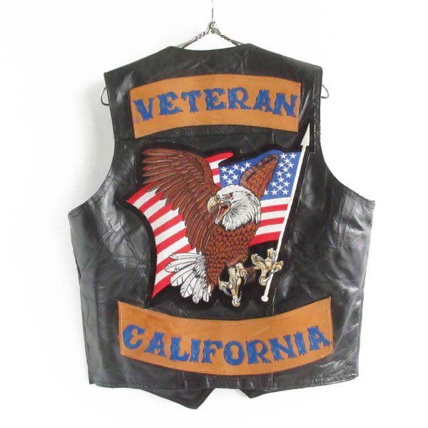 カリフォルニア 刺繍ワッペン付き レザー ベスト 黒 M パッチワーク ブラック バイカー ハーレー MCベスト 星条旗 D150-05-0021ZT拍卖