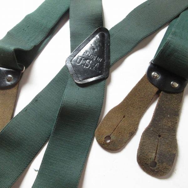 USA製 伸縮素材×レザー ボタンタブ式 X型 ワーク サスペンダー 緑系 アメリカ製 Xバック 極太 ブレイシーズ 小道具 映画 D151-52-0004拍卖