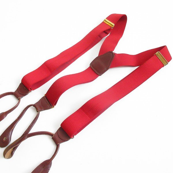 伸縮素材×レザー/ボタンタブ式/Y型 サスペンダー/赤系/メンズ/Yバック/ブレイシーズ/ビジネス/バンカー/投資家/スーツ/D71拍卖