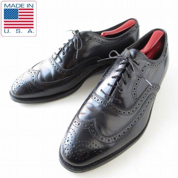 美品 USA製 ジョンストン&マーフィー ウィングチップ シューズ 黒 11.5E 幅広29.5cm ショートウィング ドレスシューズ D147-32-0054ZT拍卖