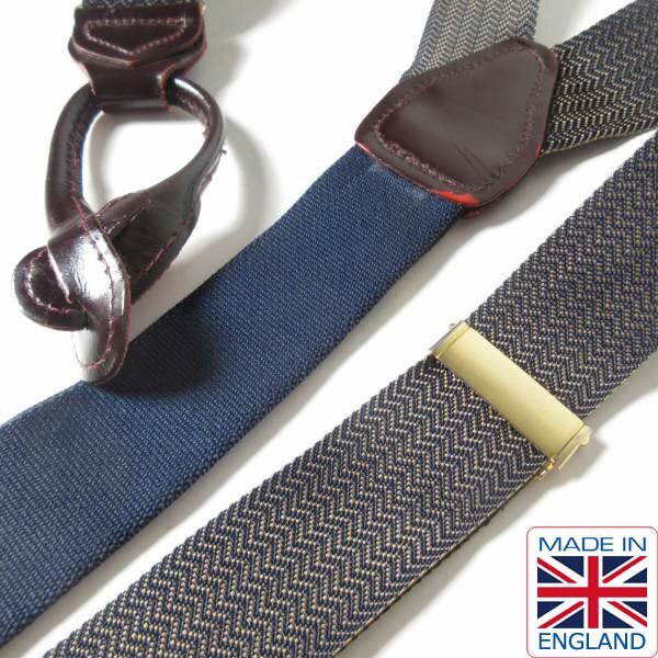 英国製 ヘリンボーン織柄×レザー ボタンタブ式 Y型 サスペンダー 紺系 Yバック ブレイシーズ スーツ ビジネス 映画 小道具 D152-52-0005拍卖