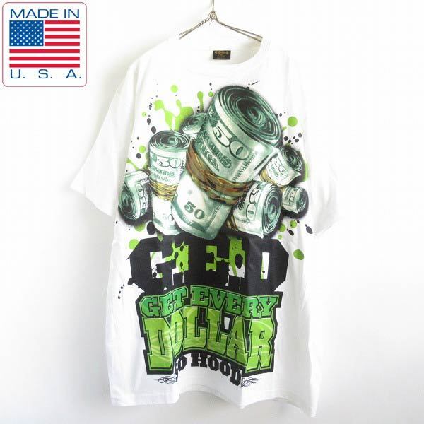 新品 90s USA製 G.E.D. ヒップホップ アートプリント 半袖Tシャツ 白 Lサイズ GET EVERY DOLLAR ビンテージ デッドストック D143-01-0017ZV拍卖