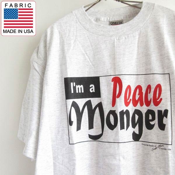 新品 90s I'm a Peace Monger 半袖Tシャツ 杢グレー系 XL ONEITA オニータ コットン 丸胴 丸首 デッドストック D146-01-0002ZVW拍卖