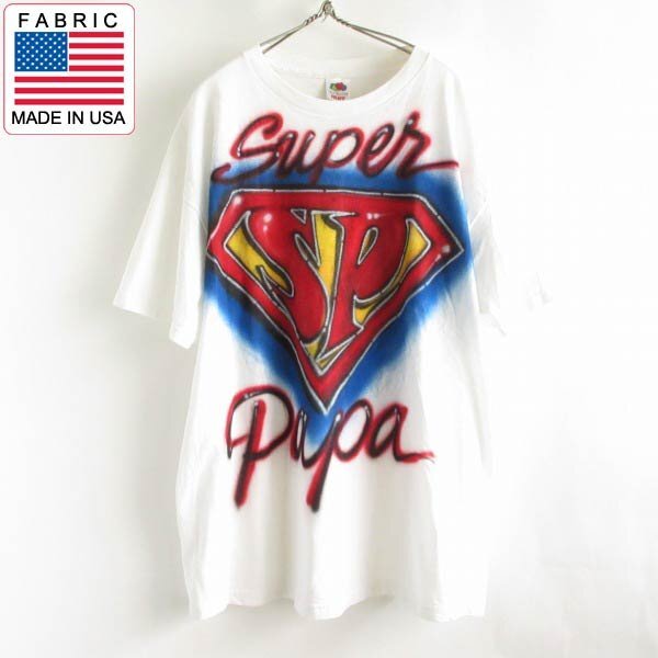一点物 00s スーパーマン パロディ 両面 スプレーアート 半袖 Tシャツ 白 2XL エアブラシ 00年代 Y2K 丸首 丸胴 D147-01-0016ZV拍卖