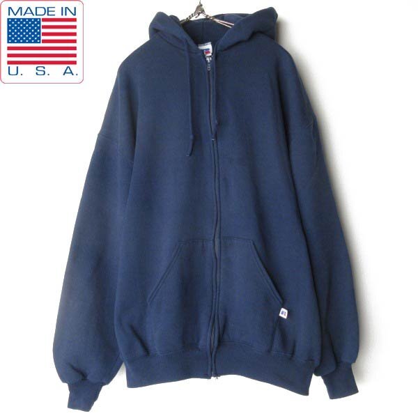 90s USA製 ラッセル 無地 フルジップ スウェット パーカー XL 紺系 トリコ刺繍タグ ブランク ジップ フーディ ビンテージ D152-13-0022ZVW拍卖