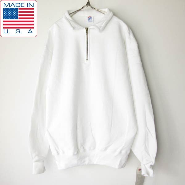 新品 90s USA製 JERZEES ハーフジップ スウェット L 白 ホワイト 無地 ジャージーズ クルーネック トレーナー ビンテージ D152-13-0018ZV拍卖