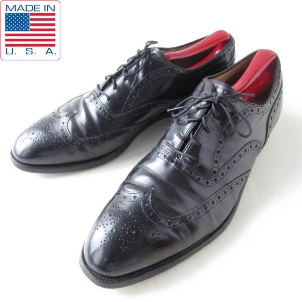 80s USA製 ジョンストン&マーフィー Heritage ウィングチップ 黒 9.5D 27.5cm シューキーパー付き アメリカ製 D149-32-0058ZT拍卖