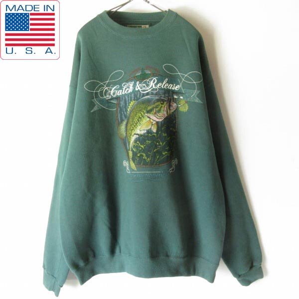 90s USA製 魚 釣りプリント スウェット 緑系 XL ブラックバス Thompson トレーナー 大きいサイズ アメリカ製 ビンテージ D150-13-0010ZV拍卖