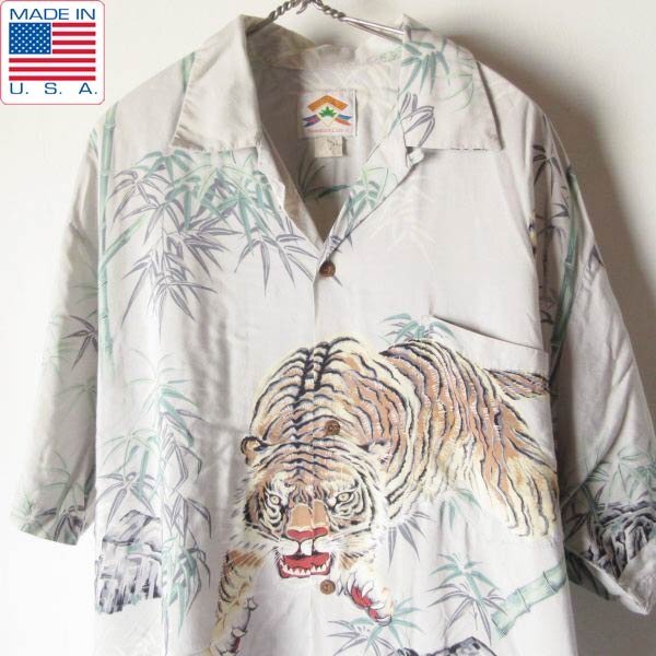 80s USA製 虎柄 和柄 レーヨン アロハシャツ グレー系 L-XL程度 トラ柄 ビンテージ ハワイアン シャツ アメリカ製 D151-04-0004ZVW拍卖